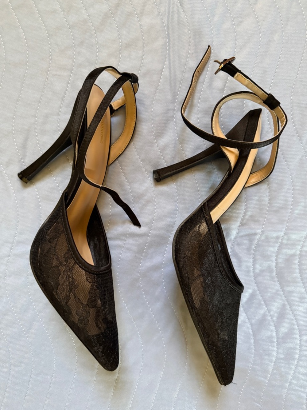 PrettyLittleThing Black Lace Pointed Toe Ankle Strap Heels